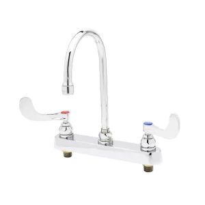 B-1142-047 T&S Grifo para tabla de trabajo montado en cubierta de 8"c/c, mangos de acción de muñeca de 4", cuello de ganso giratorio 133X