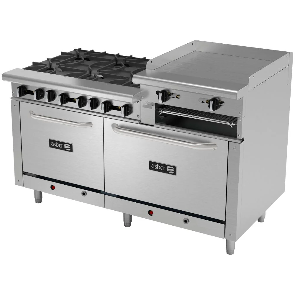 AEMR 2 RG24 B6 60H LPG 6 FUEGOS ABIERTOS + PLANCHA 24" ELEVADA + GRATINADOR + 2 HORNOS 24" Y 36"